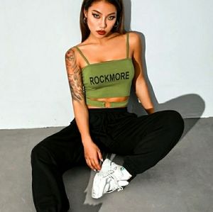 Shein ROCKMORE Letter Crop Top – Olive Green, Size M